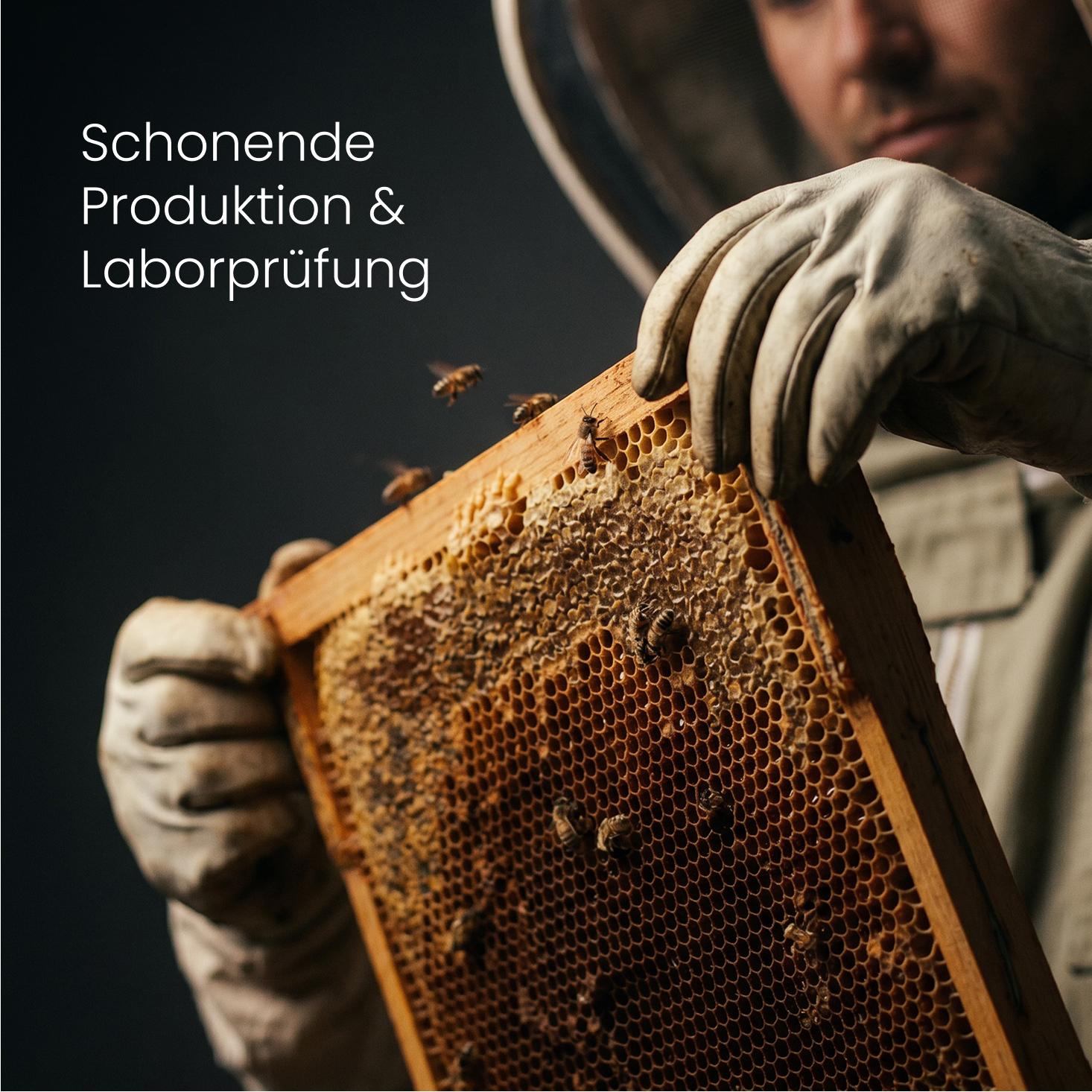 Nature Heart Super Manuka Honig mit fließendem Honiglöffel umgeben von den sechs Zutaten der Super Manuka Formel