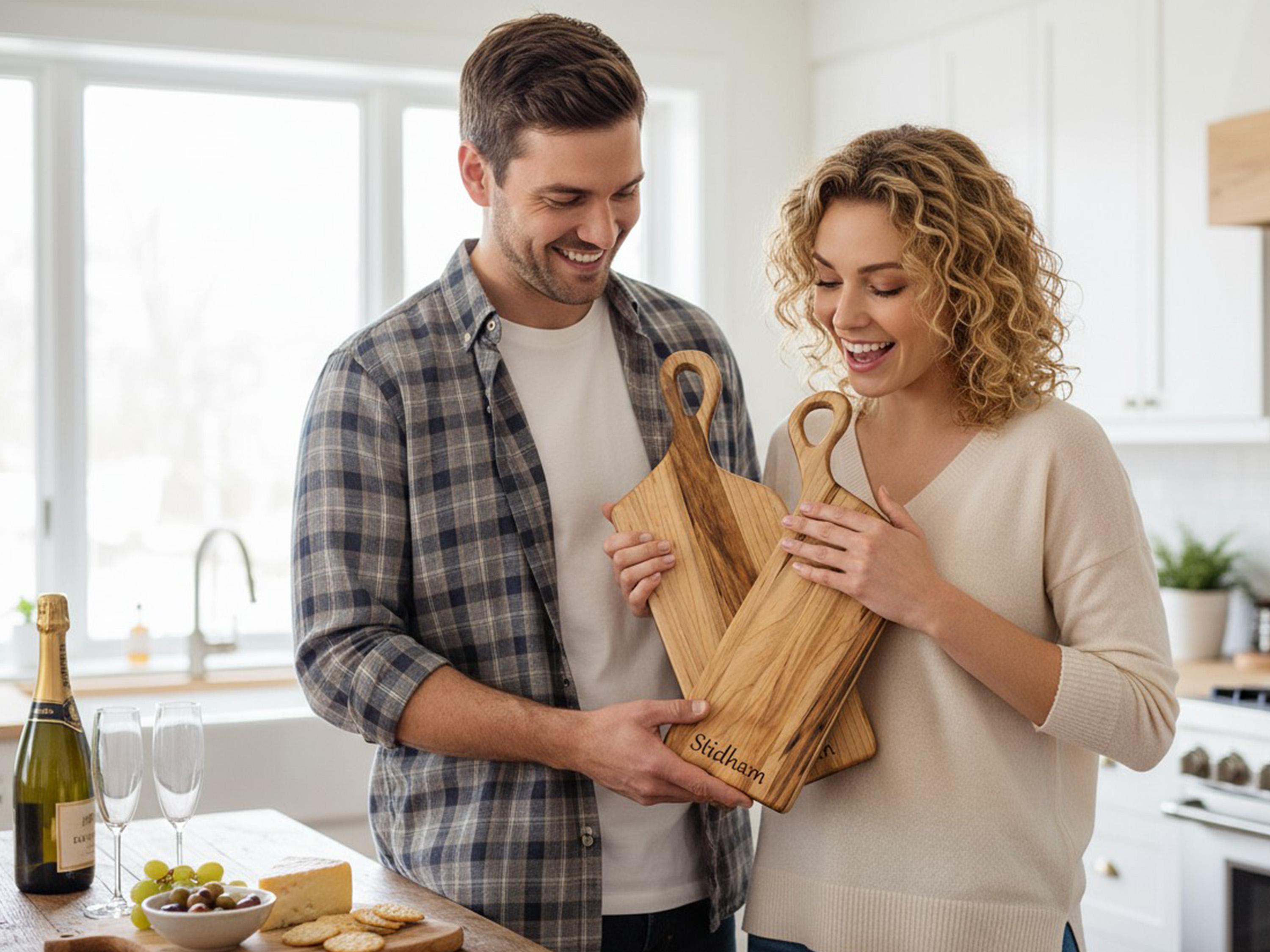 Couple holding personalized maple nesting charcuterie boards in kitchen as an anniversary gift