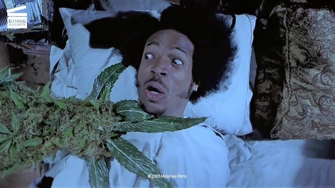 Image from Scary Movie 2 showing stoner character Shorty being attacked by the absurdity of the Marijuana Monster, illustrating the lesson: "Don't let your obsession control you" in the stoner horror survival guide.