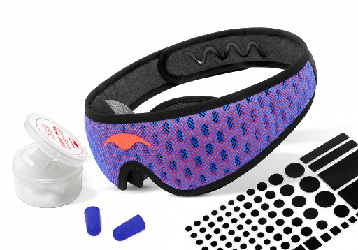 Good sleep gifts for insomniacs: a sleep mask, blackout stickers, a pair of blue earplugs, and a plastic container with nose vents.