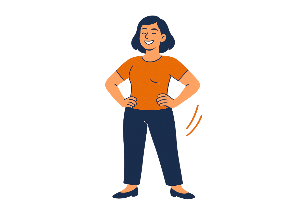 Graphic of woman smiling with her hands on her hips, displaying confidence.
