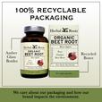 Bottle and box of Herbal Roots Organic Beet Root next to each other. Under the bottle and box says We care about our packaging and how our brand impacts the environment. There is a line coming from the left of the bottle that says Amber glass bottles. There is a line coming from the left of the box that says recycled boxes.