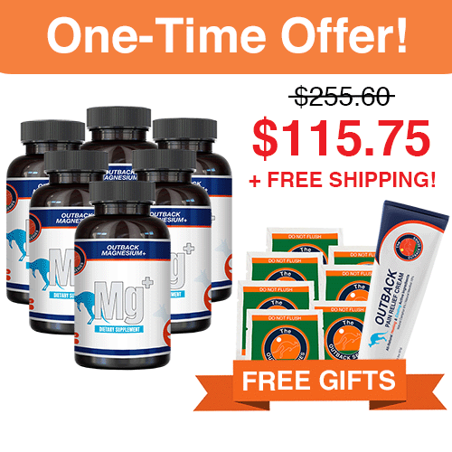 6 Bottles of Mg+ and FREE Pain Cream and 7-Day Pack of Outback Oil Sachets