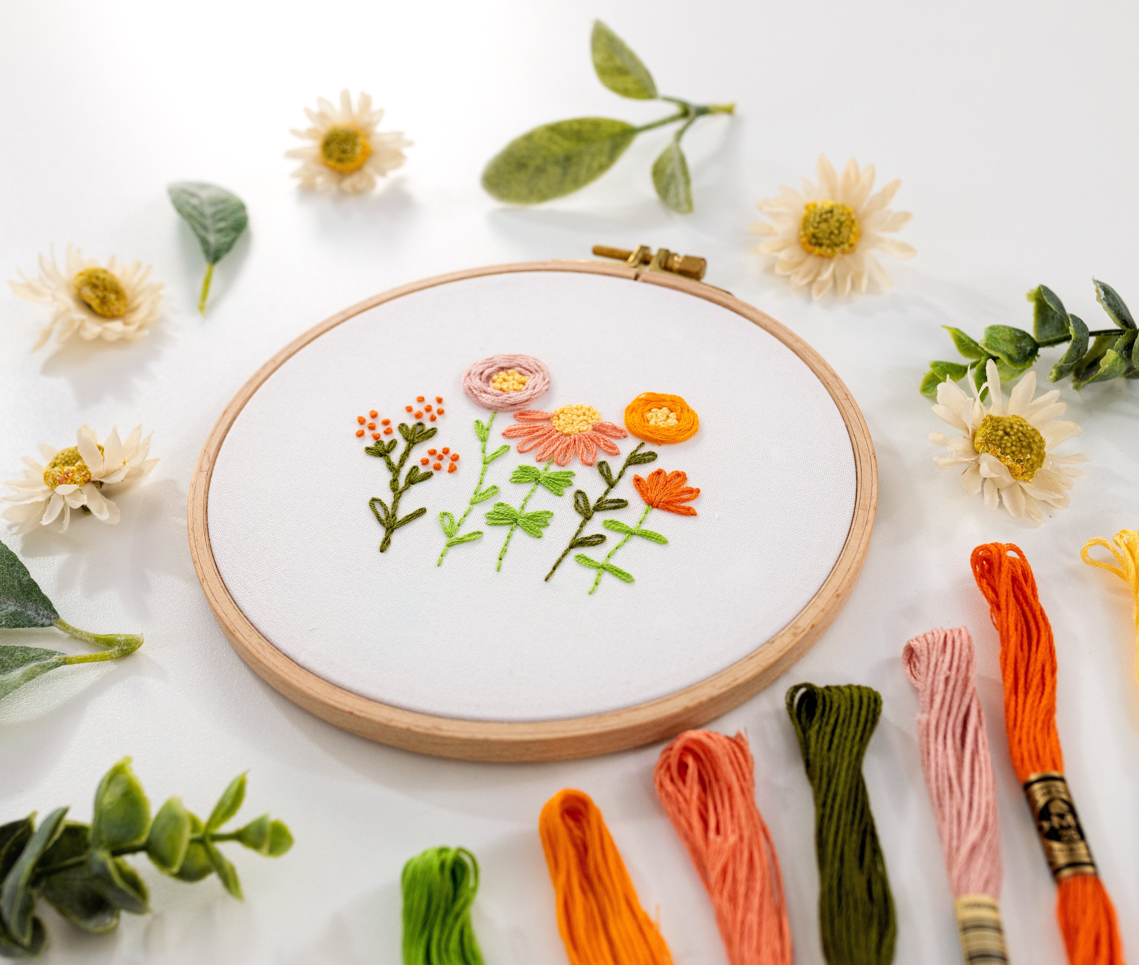 Here is a beginner embroidery pattern, Little Wildflower Meadow, framed in a hoop. This is available for purchase from the Clever Poppy Shop with the Modern Embroidery Foundations Course.