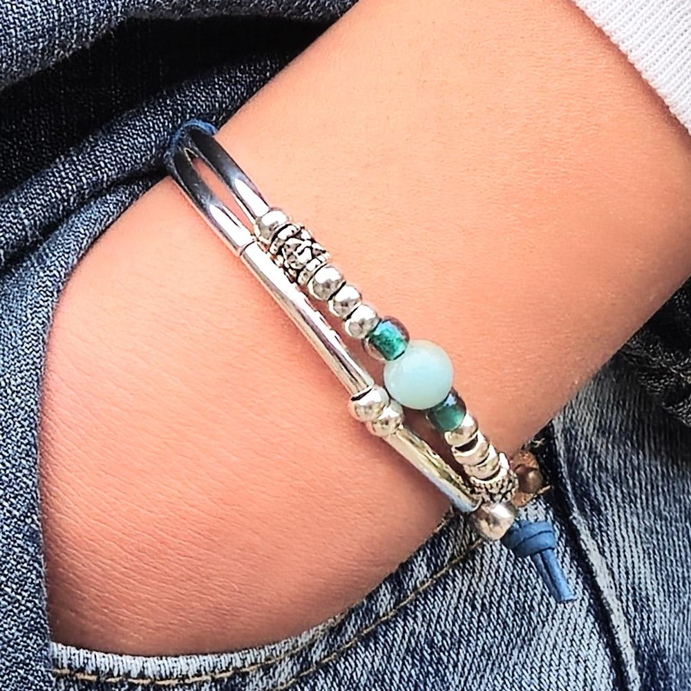 pancake silver and leather bracelet with puffed heart charm added