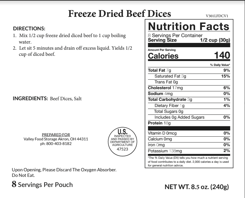 Valley Food Storage Freeze-Dried Beef Dices Long Term Food Storage Nutrition Label