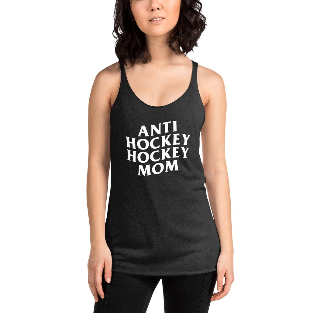 A hockey mom in a black racerback tank top. Anti hockey hockey mom