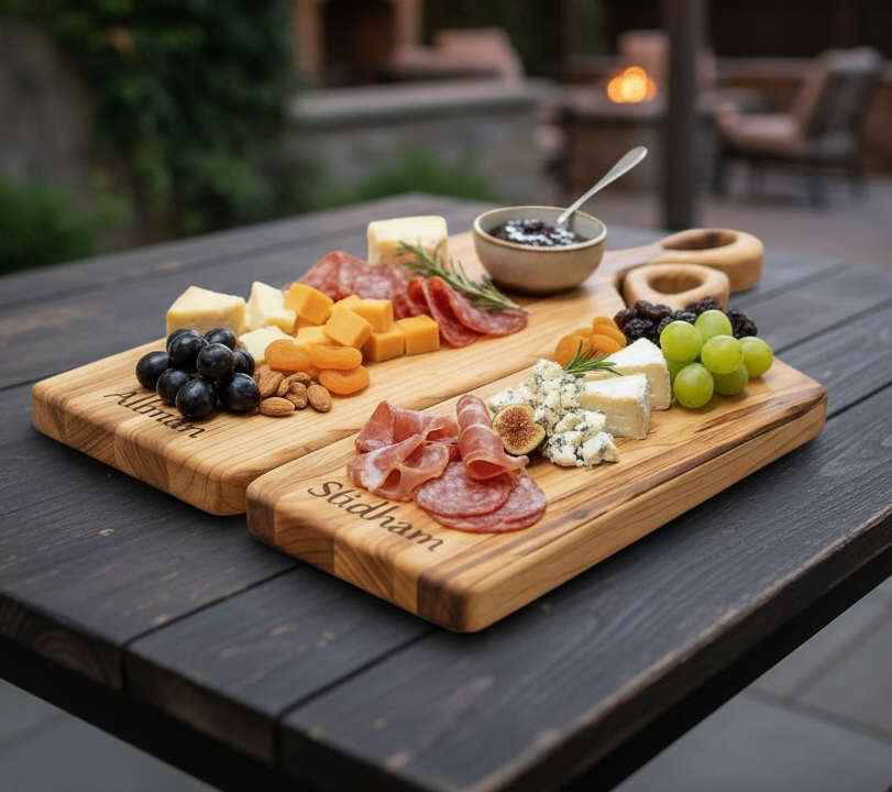 Personalized maple nesting charcuterie boards styled with cheese and fruit as a hostess gift for entertaining