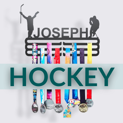 Personalized Hockey Medal Hanger in matte black steel with a custom name — Athlete's Gift Shop