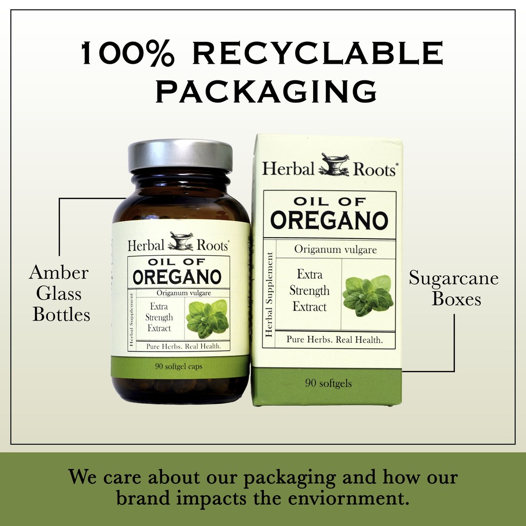 A bottle of Herbal Roots oil of oregano next to the packaging box. There is text above the bottle and box that says 100% Recyclable Packaging. Text on the left of the bottle with a line pointing to the bottle says Amber Glass Bottles. Text on the right of the box with a line going to the box says Sugarcane boxes. Text on the bottom of the image says We care about our packaging and how our brand impacts the environment.
