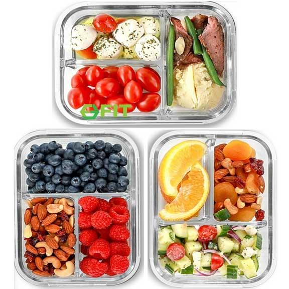 3 Compartment Glass Meal Prep Containers with BLUE Lids (3 Pack, 32 oz)