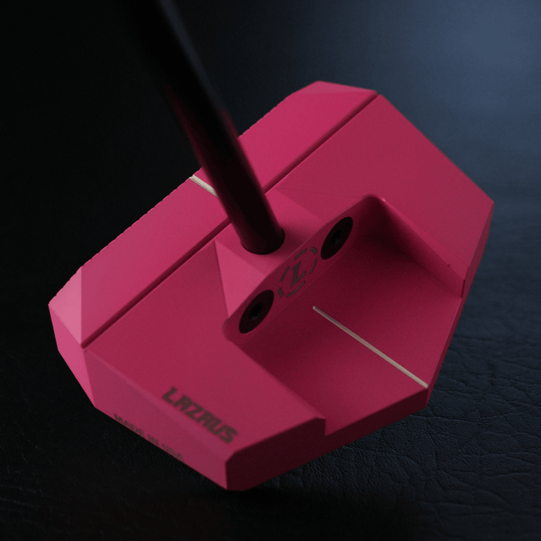 Lazrus LAZ2.5 zero torque mallet putter in Red finish showing face of club with a close up of the milling and Lazrus logo