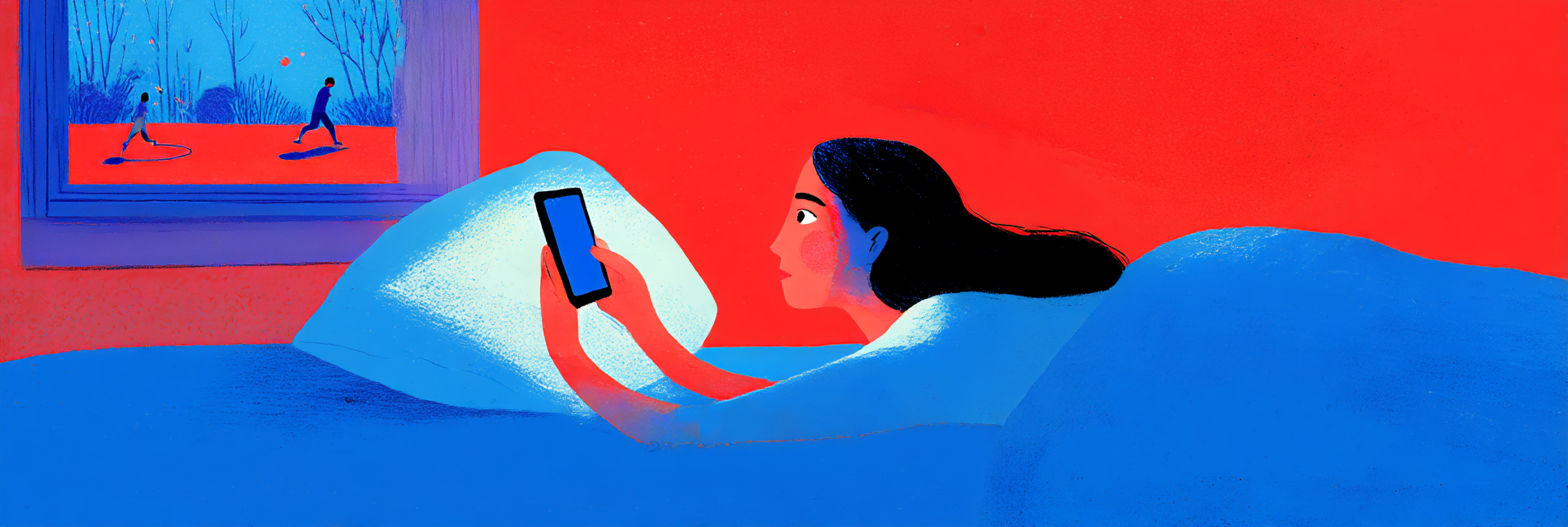 A girl who is bed rotting. She is holding her mobile phone. She is staring outside her window at two people playing catch.