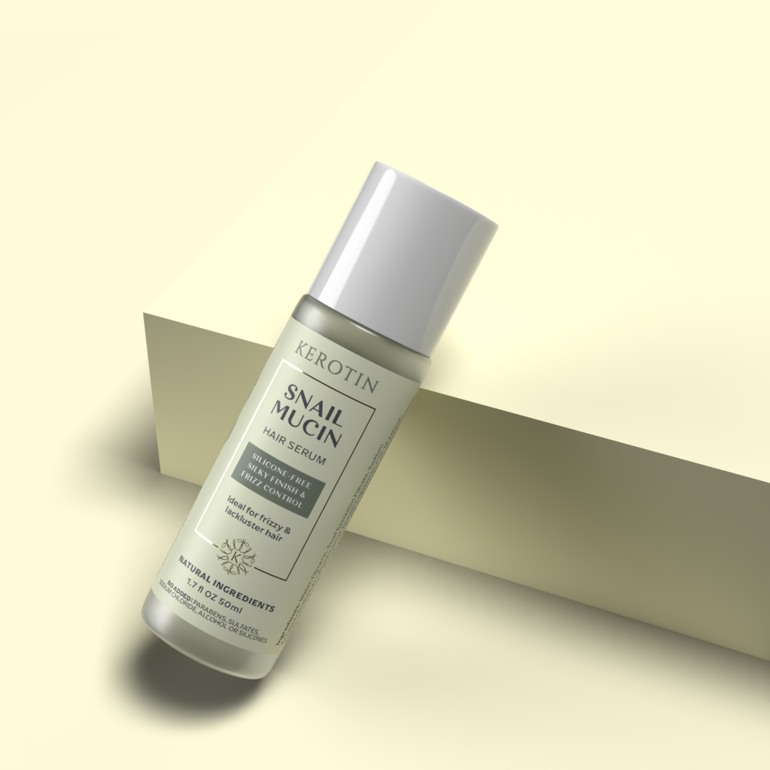 Frosted glass bottle with white cap standing on a green floor and laying partially onto a green stand. The bottle has a label saying Snail Mucin Hair Serum.