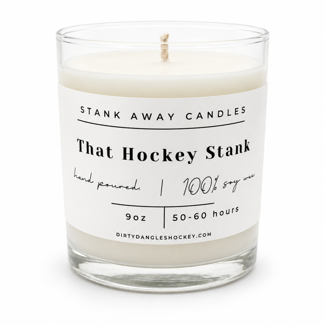A white scented hockey candle on a white background. That hockey stank.