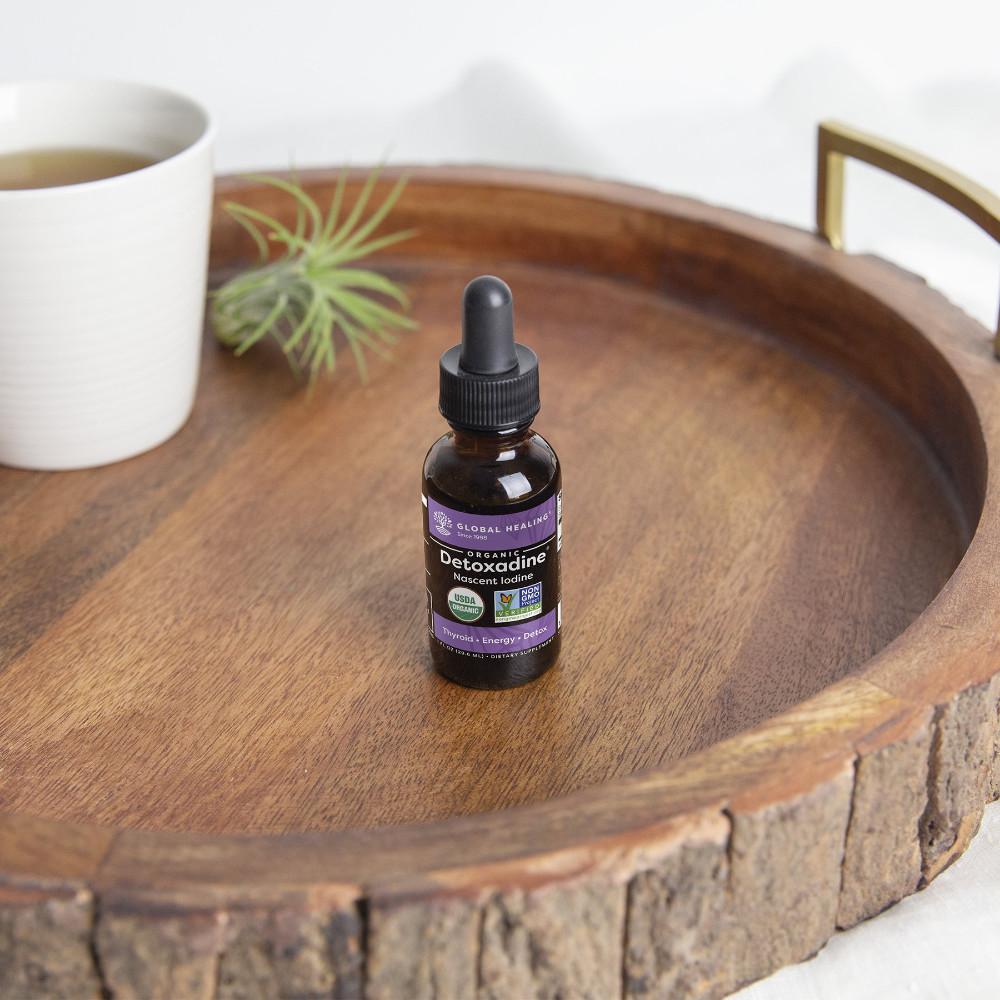 Global Healing Organic Detoxadine Nascent Iodine 1fl oz Bottle on tray