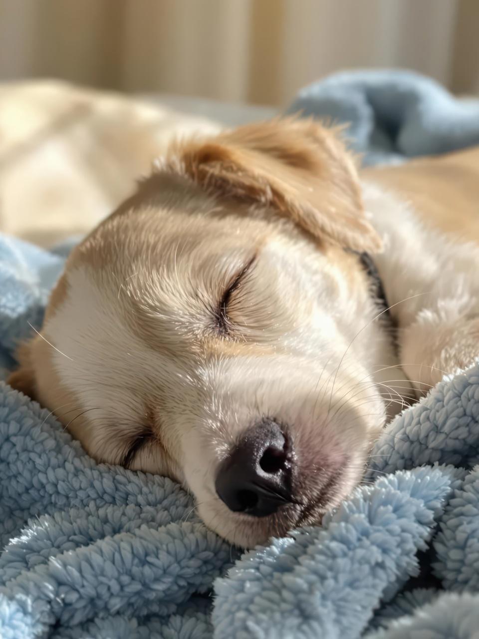 A dog is sleeping on a blue blanket. The blanket is on a bed. The dog is brown and white
