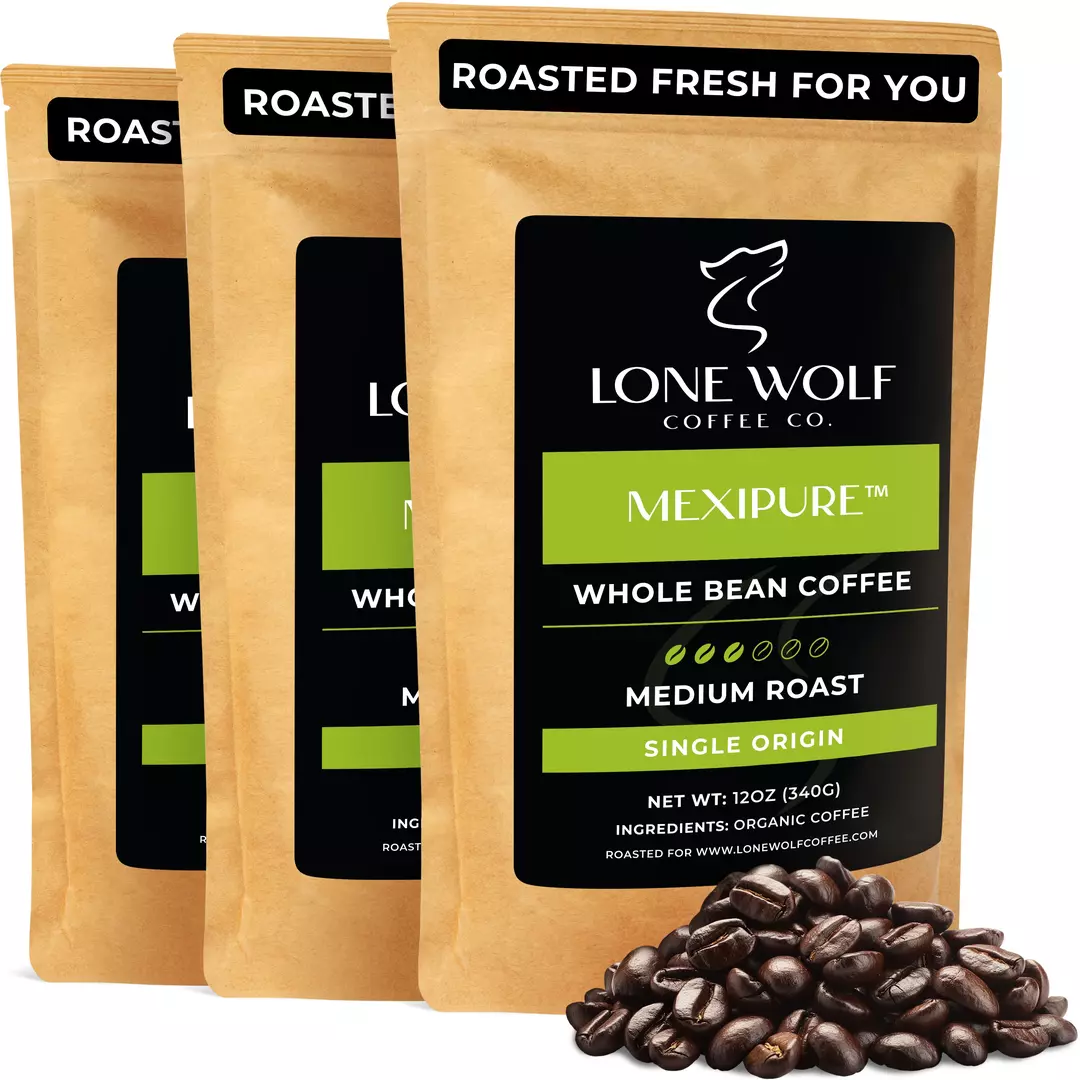 Three 12oz bags of Lone Wolf Coffee’s Mexipure Medium Roast Whole Bean coffee bag product photo