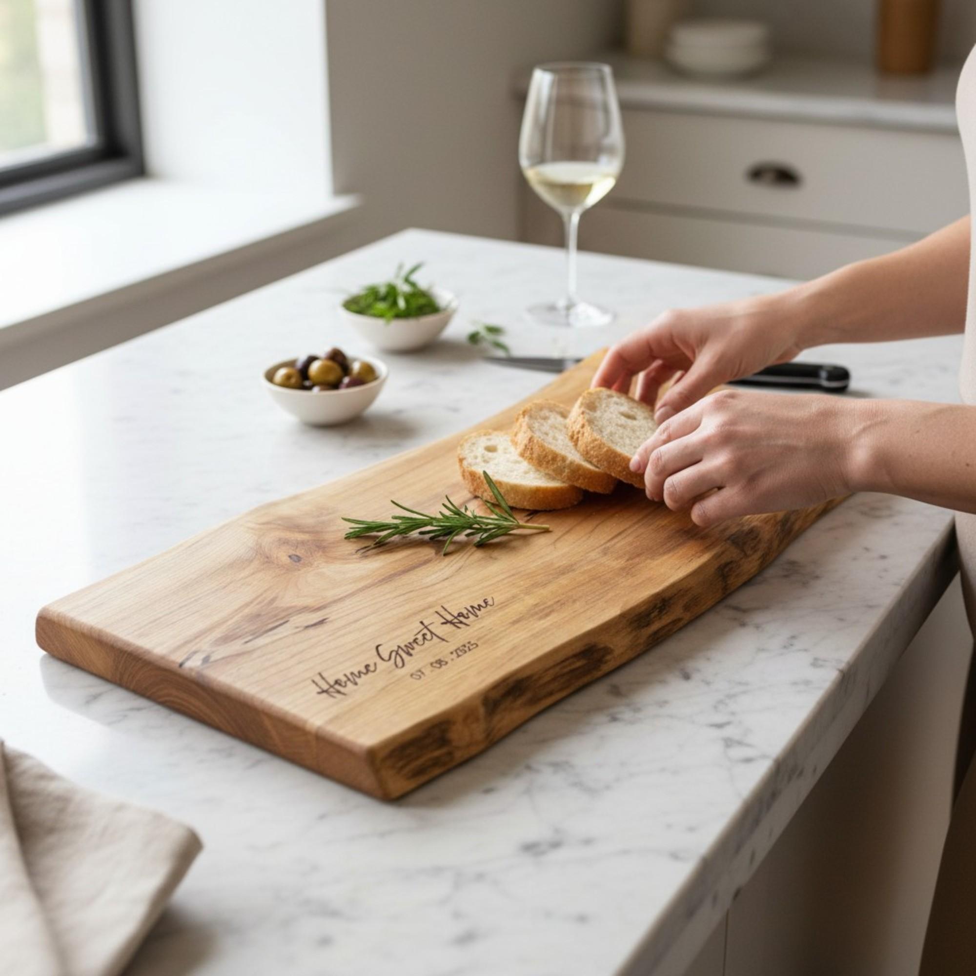 Personalized live edge maple charcuterie board engraved with home sweet home and date. housewarming and realtor closing gift used to serve food.