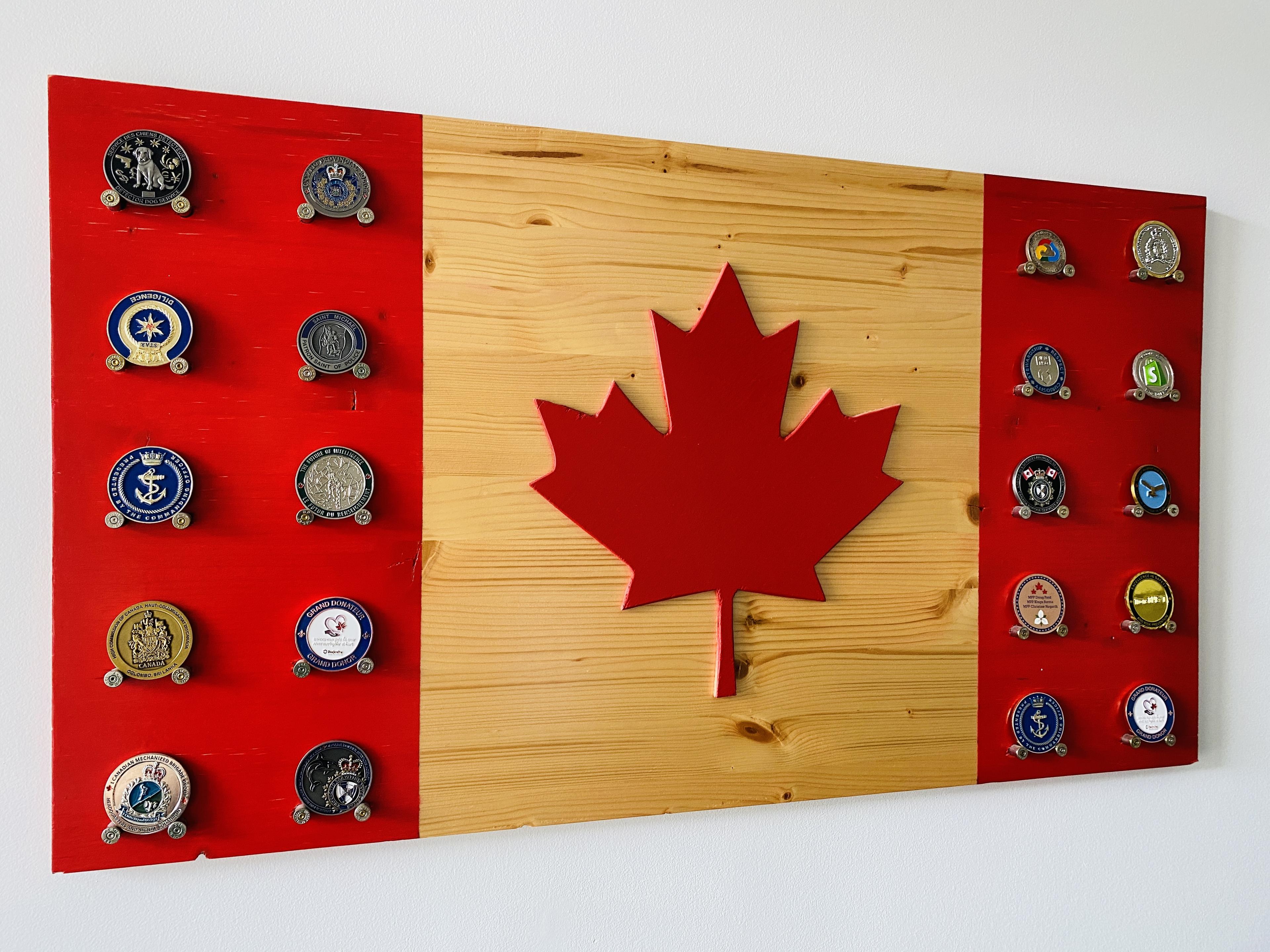 challenge coins display Canada flag