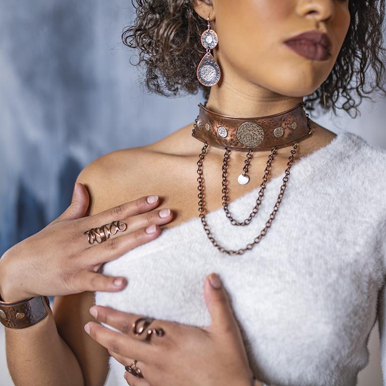 A copper statement necklace by Junebug Jewelry Designs