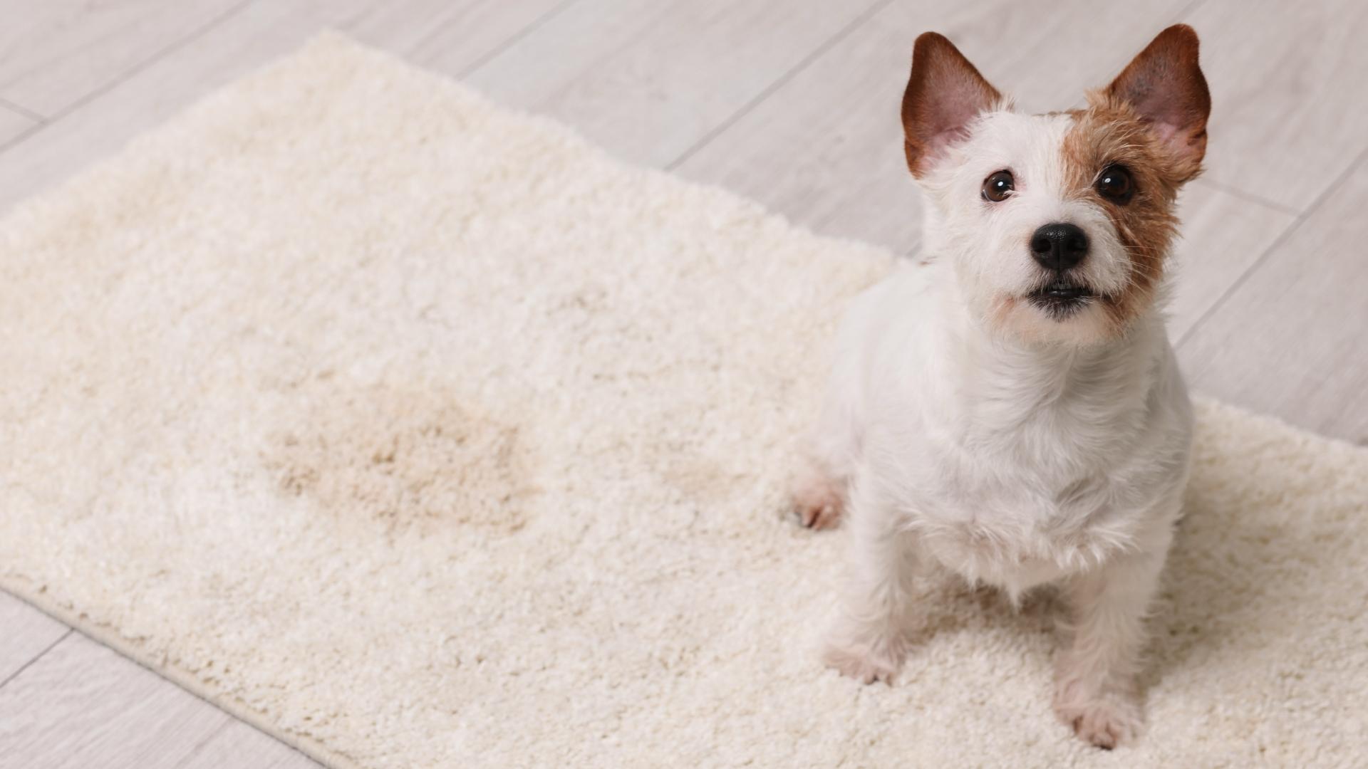 Cute dog near wet spot on rug indoors