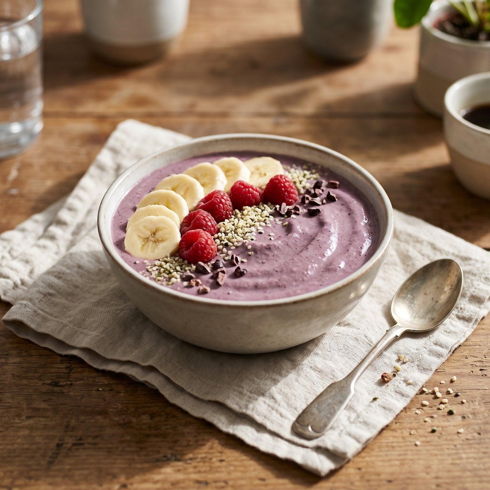 Lavender purple cacao smoothie bowl topped with banana and raspberries