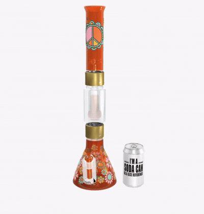 A moving GIF demonstrating the Prism 3D Custom Bong Builder in action. An all-Amber modular bong rotates 360 degrees, showing custom decals being applied to the glass components. This illustrates the personalized design experience and user customization options available with the Prism Halo System.