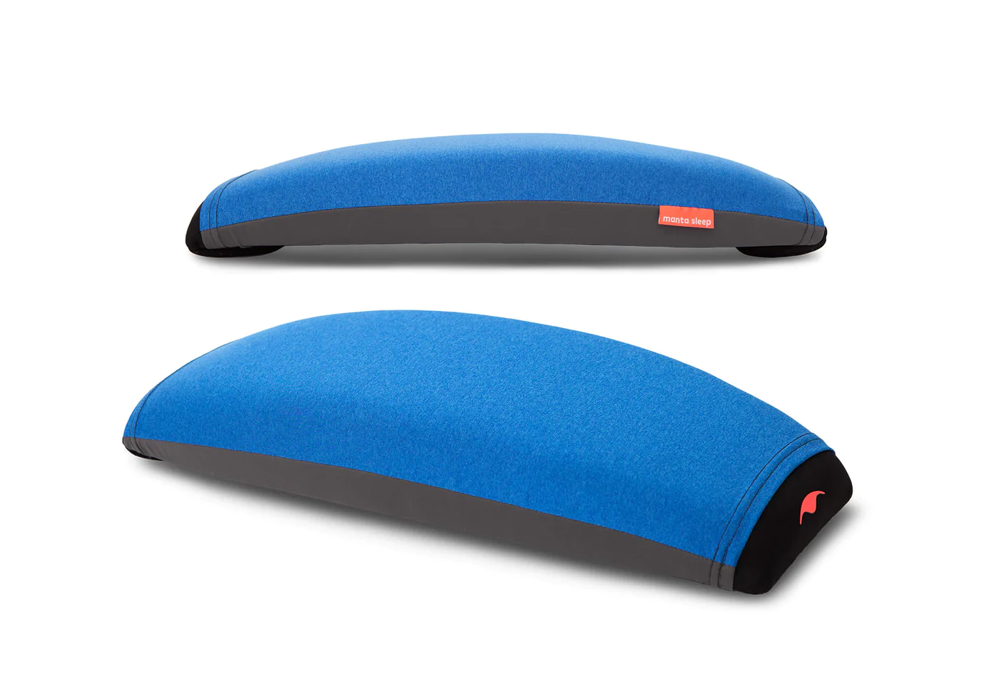 A flattened version of nap pillow with a blue slipcover.