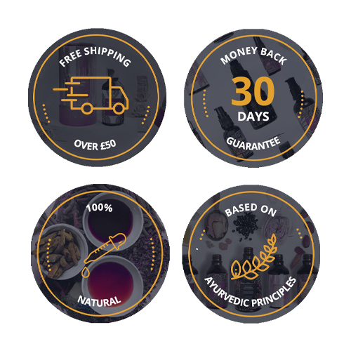 Badge showing Natural Ingredients, Based on Ayurvedic Principles, Free delivery above 50 Pound & 30 days money back guarantee