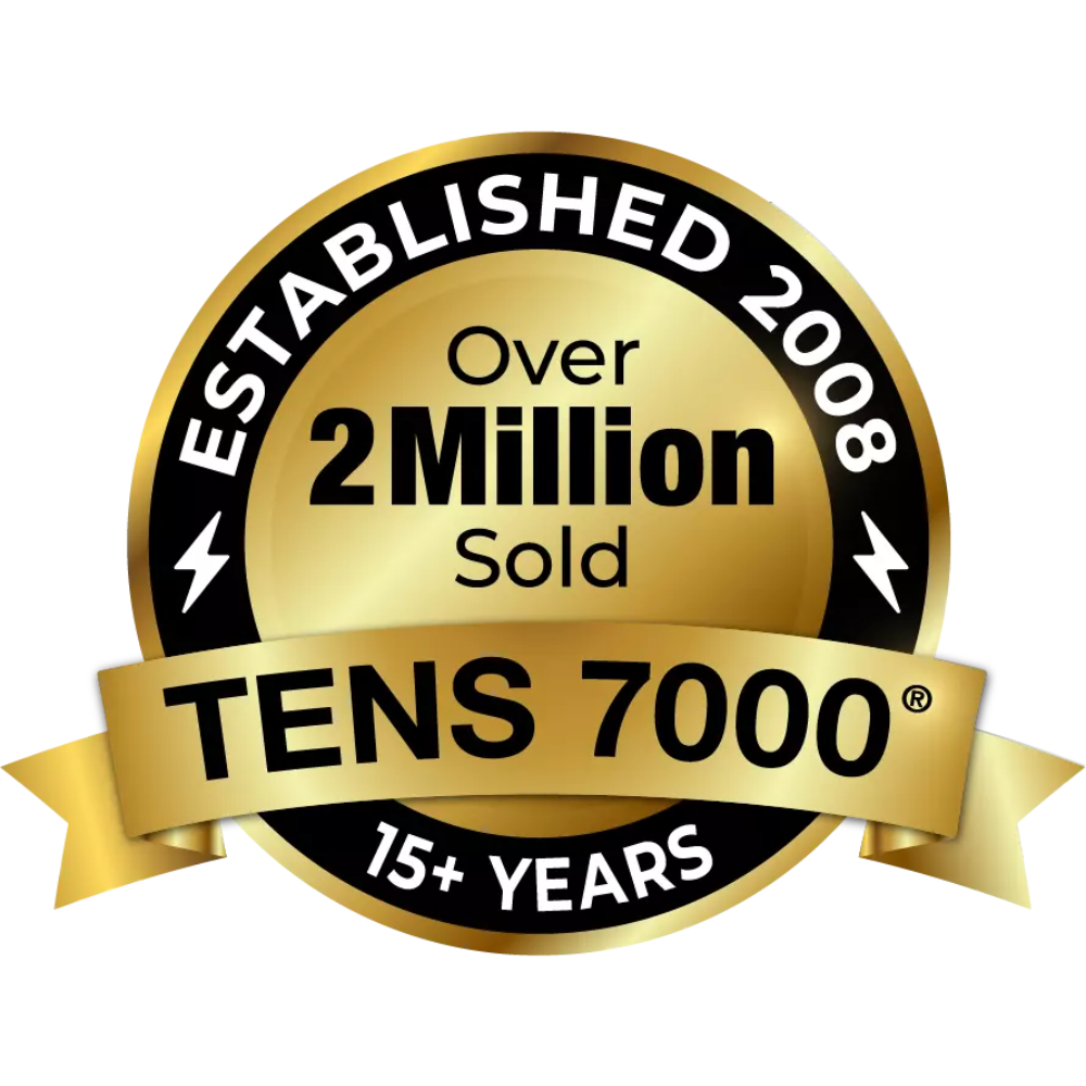 A gold badge with text, "TENS 7000: Over 2 Milion Sold - Established 2008 - 15+ Years"