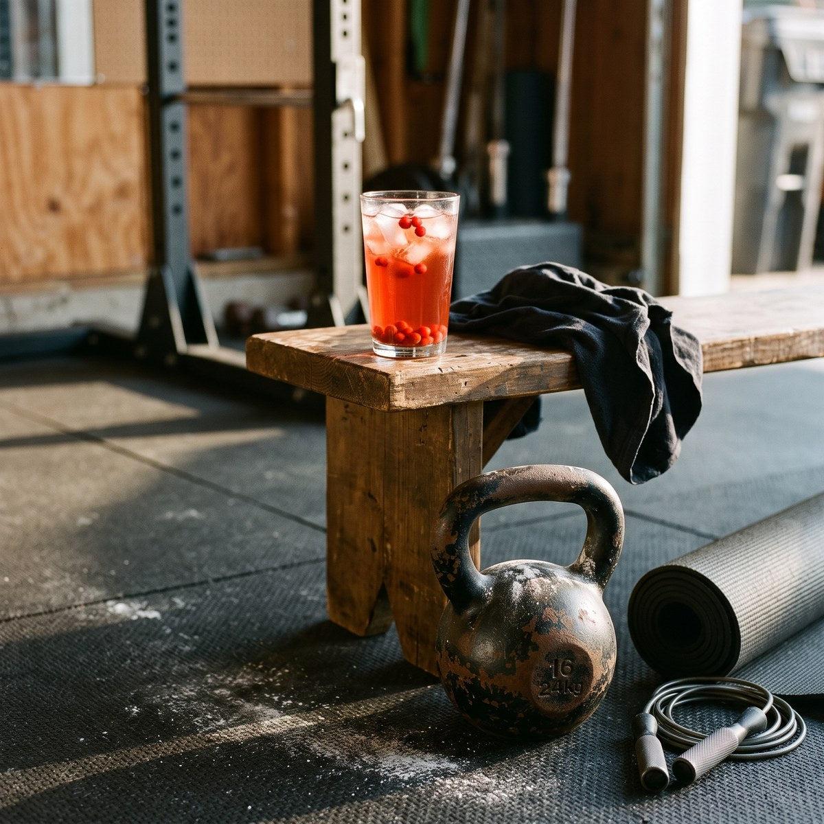 Iced schizandra tea on a bench beside a kettlebell and yoga mat in a home gym