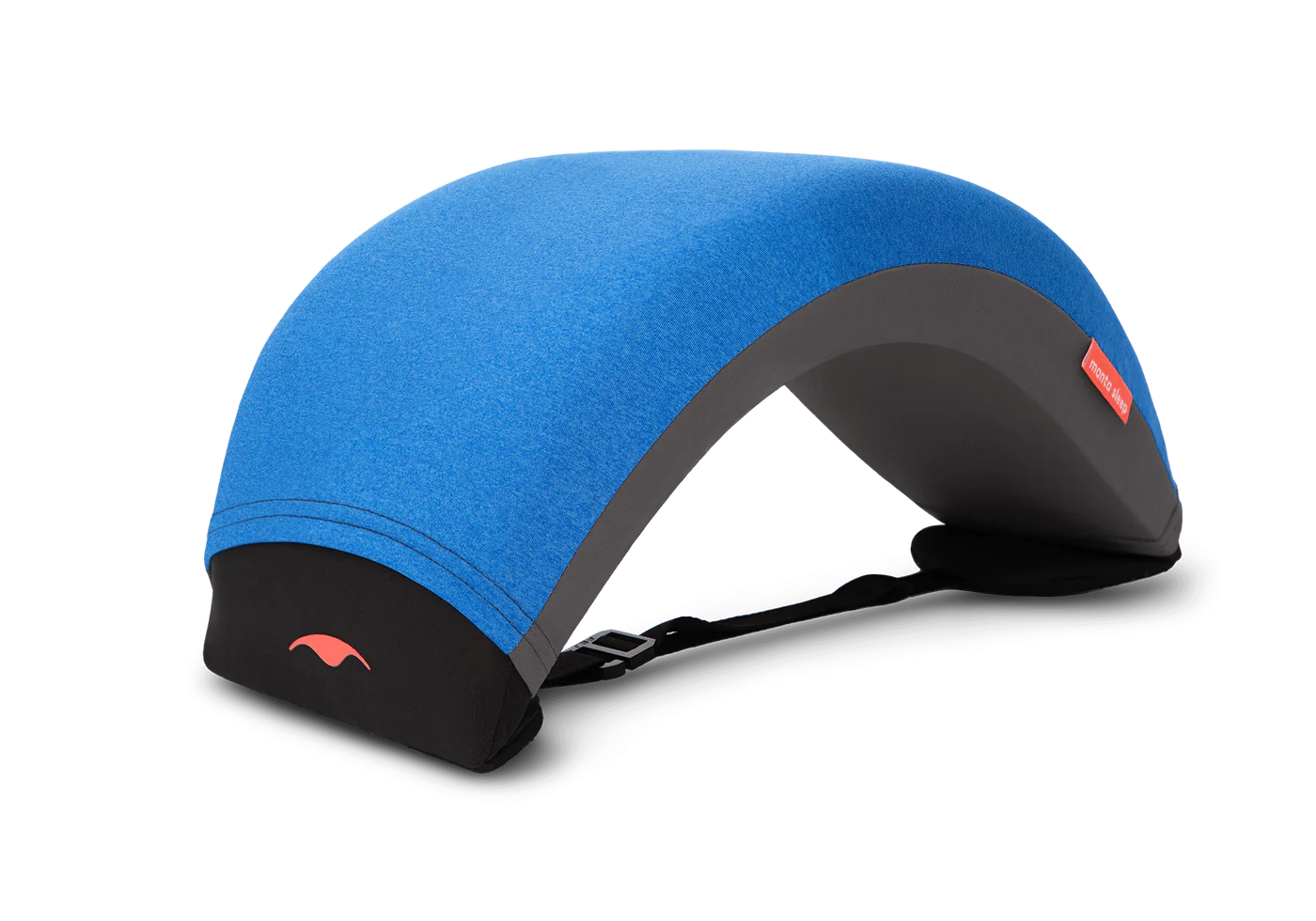 A blue adjustable nap pillow with an arc design for napping on an office desk.