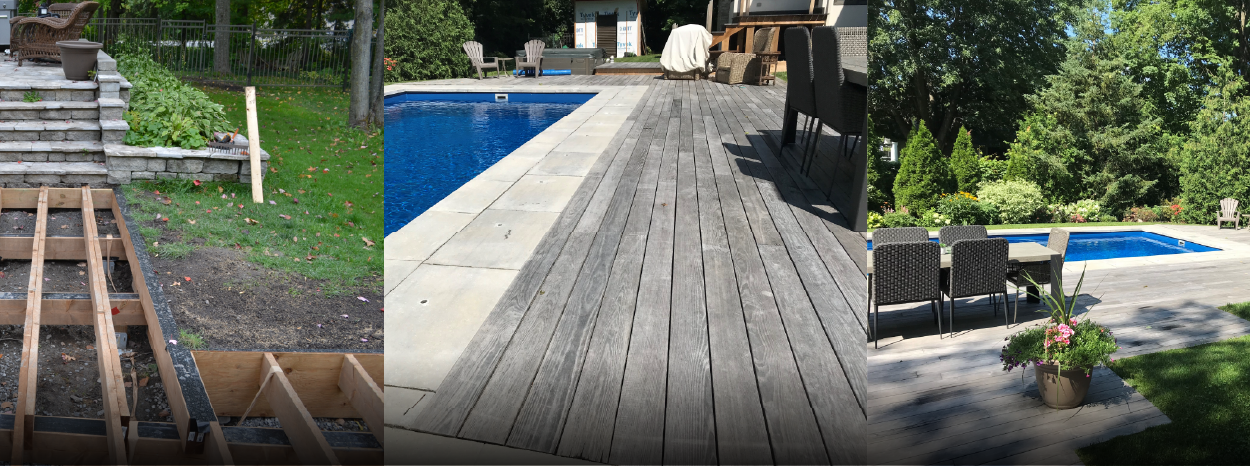 Collage of Paul T.'s ground level pool side deck with shots of framing and finished project