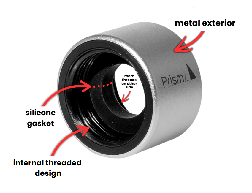 Exploded diagram of a Prism Halo Connector showing the metal exterior, dual-threaded interior, and silicone gasket.