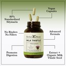 Bottle of Herbal Roots Milk thistle with three pills spilling out of the top of the bottle. There are several lines pointing to the bottle and the capsules. The lines say 80% Standardized Silymarin, Vegan Capsules, Advanced Formula, No Binders or fillers, Promotes digestion and Extract plus organic milk thistle seed.
