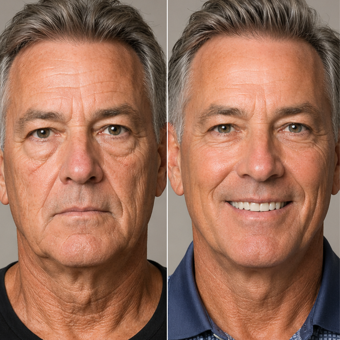 before after image of male in his 50's showing improved appearance of eye bags