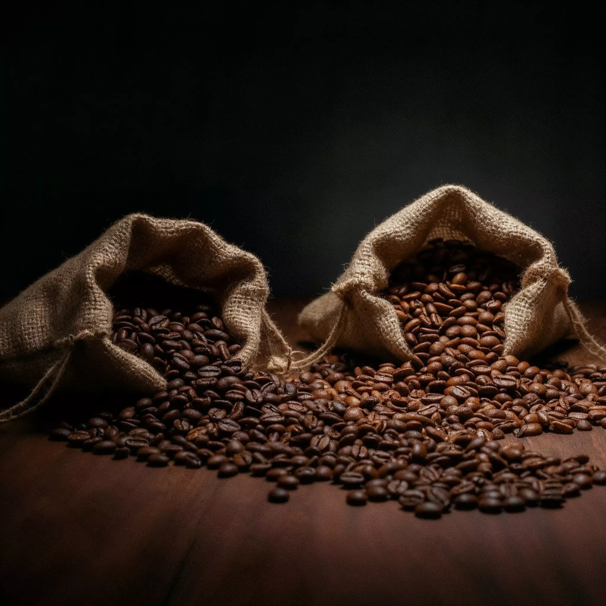 Two burlap sacks spilling blended roasted coffee beans onto a wooden table for the Coffee Blends category.