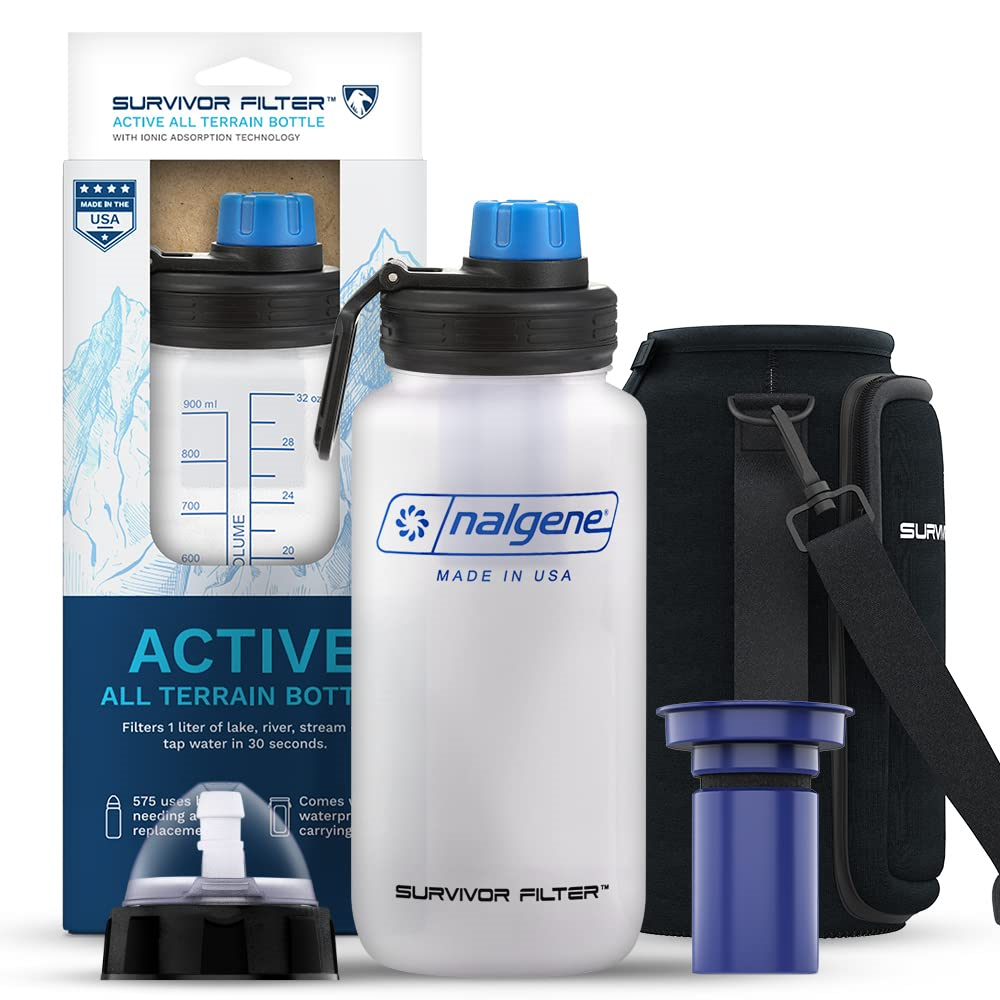 Survivor Filter Active All-Terrain Water Bottle with Filter and Carrier Kit - USA Made - This Filtered Water Bottle Cleans Contaminated Water - Includes Neoprene Case for Hiking, Running Or Camping