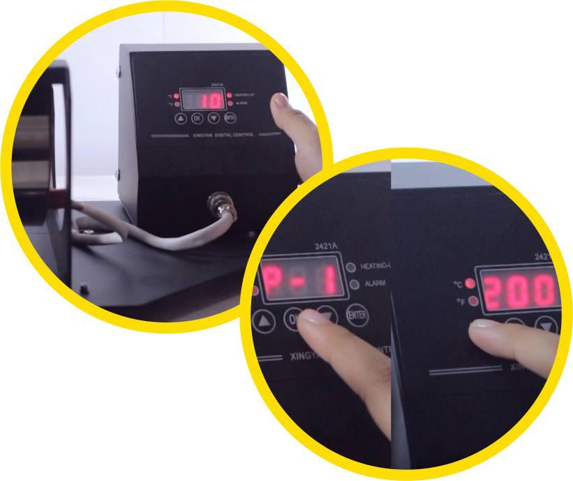 nyalakan mesin press mug, atur suhu mesin press mug