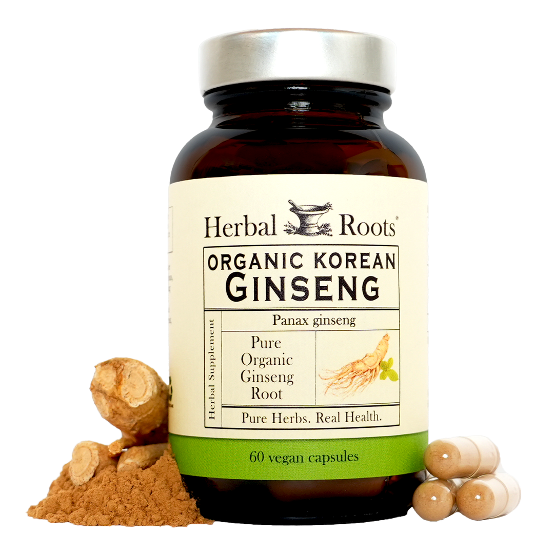 Bottle of Herbal Roots Organic Korean Ginseng supplement with ginseng root and powder on left of bottle and ginseng capsules on right of bottle, with white background