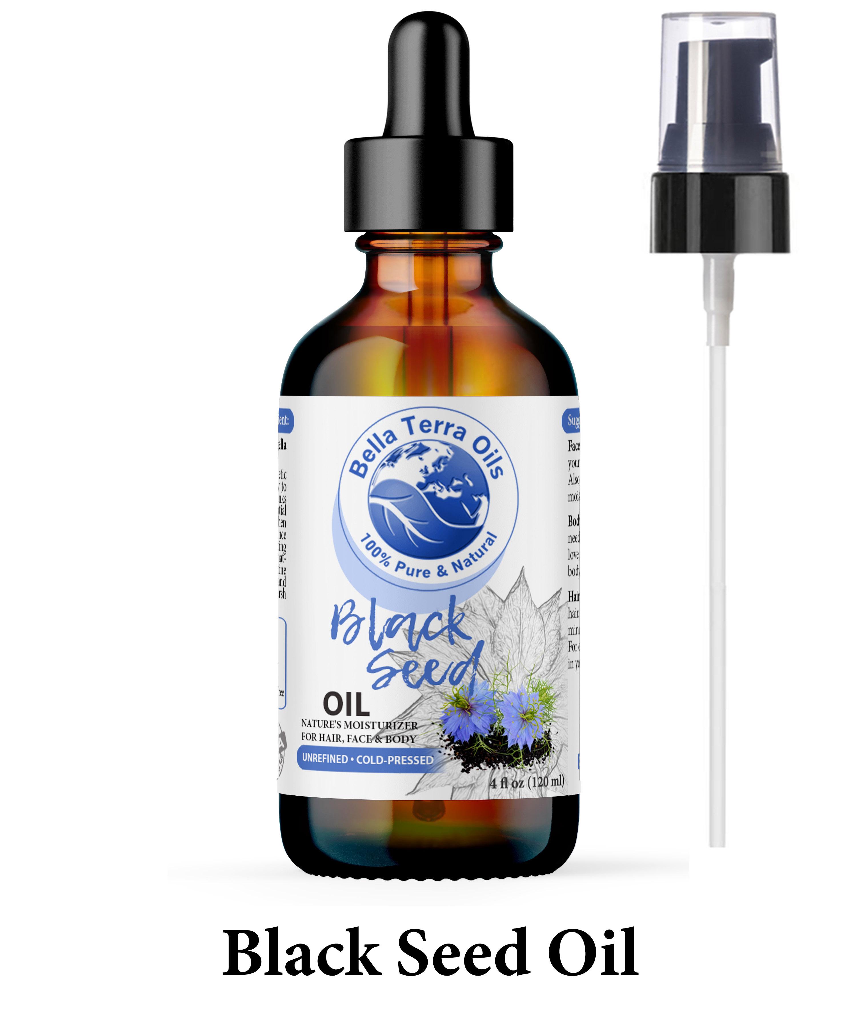 Bella Terra Oils Black Seed Oil in a tinted amber bottle with a dropper and pump, featuring black cumin flowers on the label, indicating its cold-pressed, unrefined organic nature, suitable for hydrating and nourishing hair, face, and body.