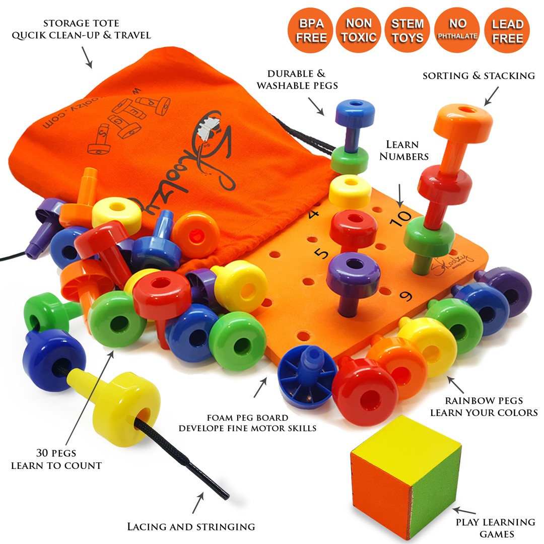 Jumbo Pack 60 Plastic Stacking Peg Board Set Toys For Kid Unisex Colorful W/ Bag 