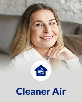 A smiling woman with 'Cleaner Air' text and an icon of air flow inside a house.