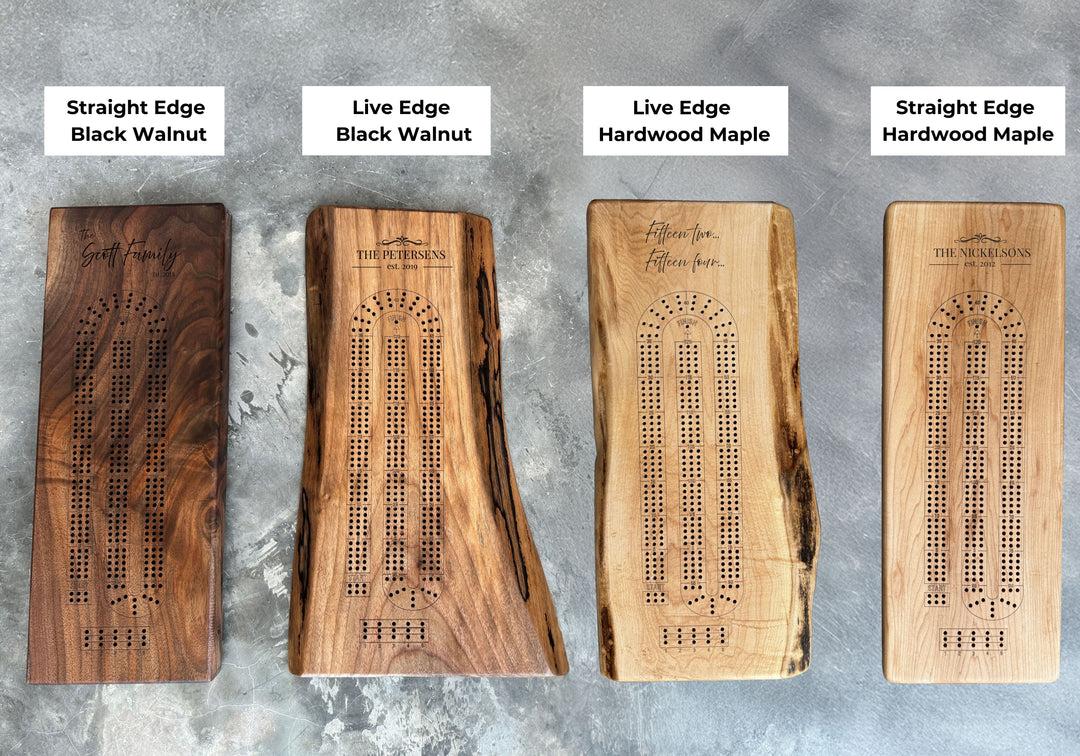 Personalized Cribbage Board in the straight edge black walnut, live edge black walnut, the live edge maple.