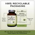 Bottle and box of Herbal Roots Organic saw palmetto next to each other. Under the bottle and box says We care about our packaging and how our brand impacts the environment. There is a line coming from the left of the bottle that says Amber glass bottles. There is a line coming from the left of the box that says sugarcane boxes.