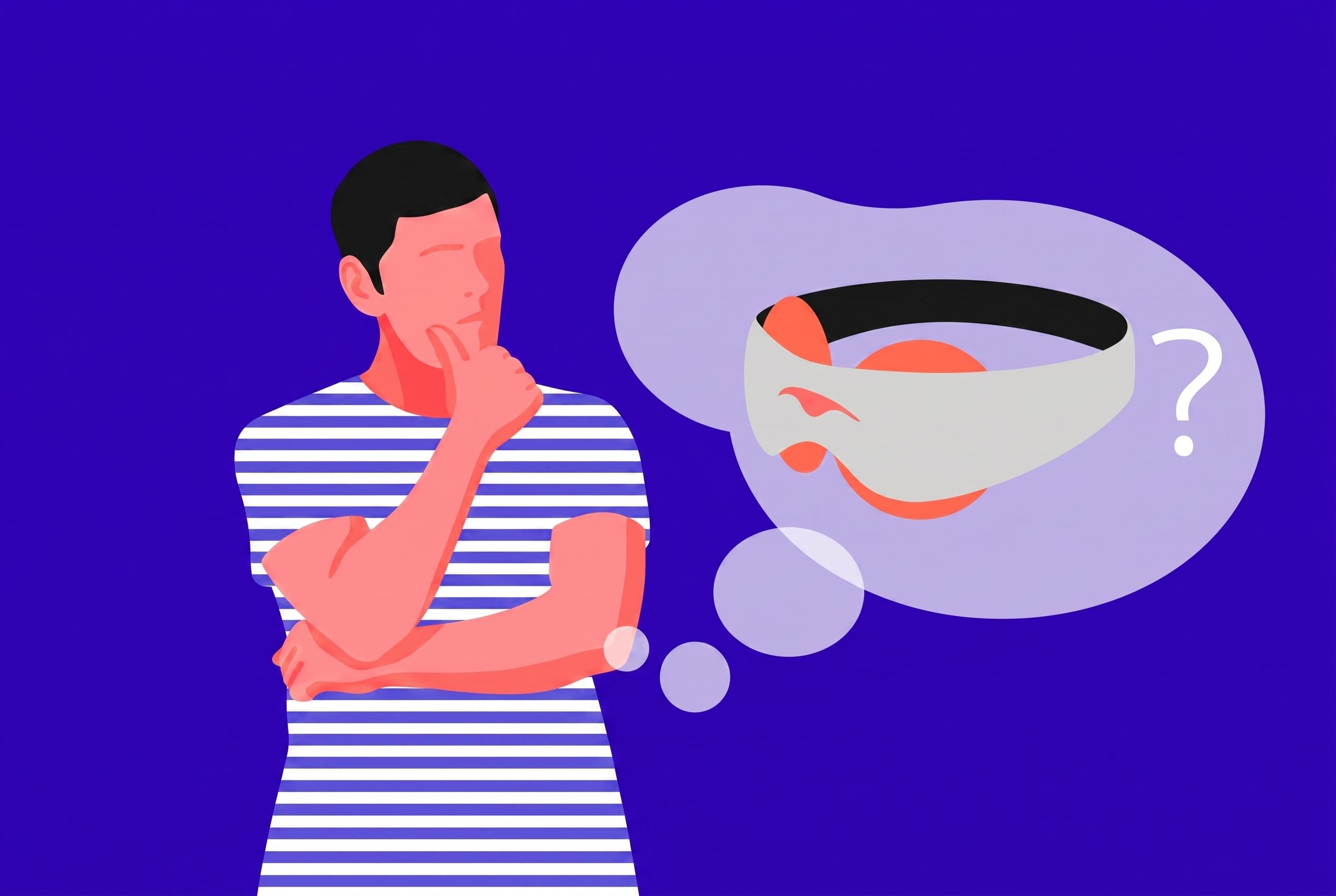 A guy with a thought bubble over his head indicating he is thinking do steam eye masks work?