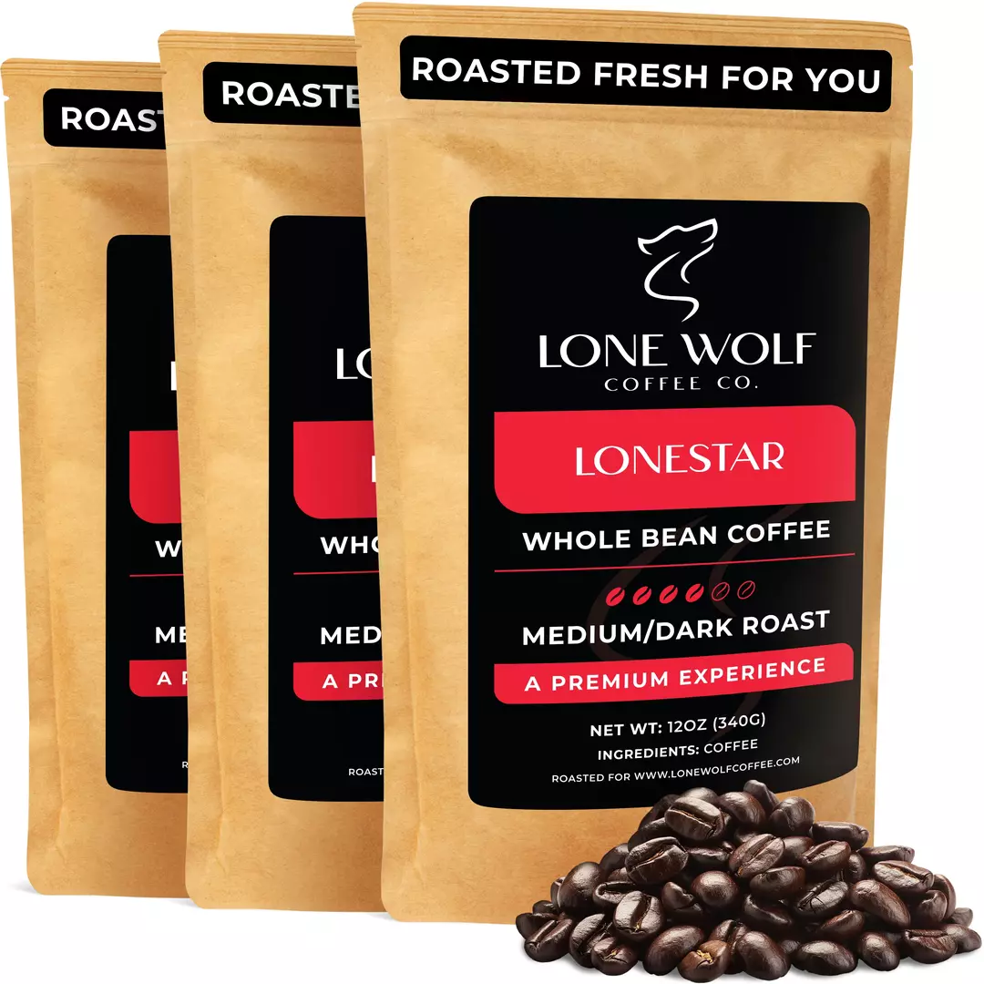 Three 12oz bags of Lone Wolf Coffee’s Lonestar Medium-Dark Roast Whole Bean coffee bag product photo