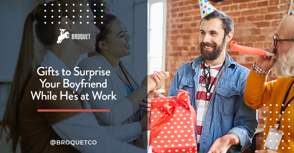 man being surprised with gifts at work