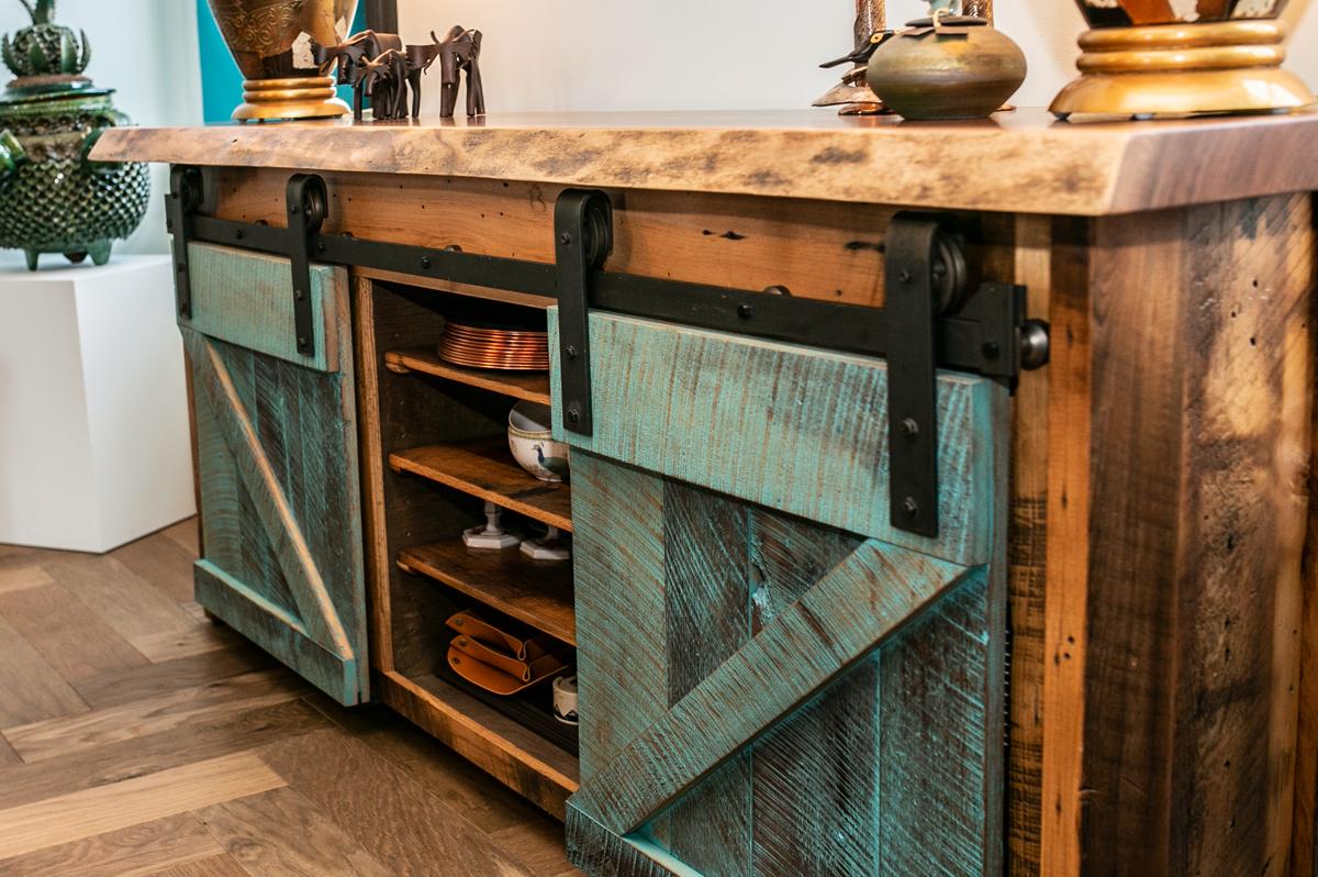 live edge buffet with turquoise barn doors